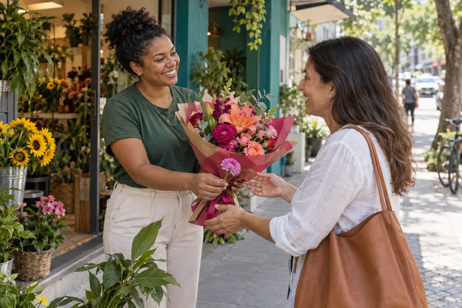 Illustrative scene: a flower shop handing an arrangement to a regular customer.